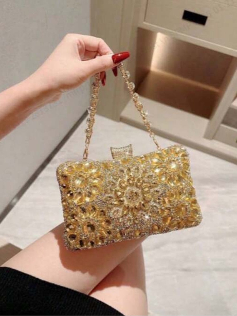 Gold Crystal Embellished Evening Clutch - Elegant Sparkle
